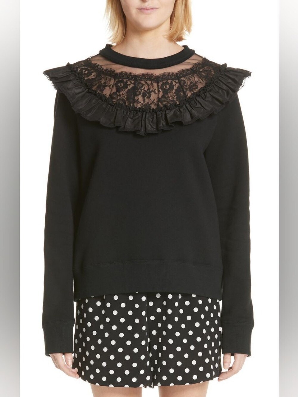 Marc Jacobs Black Lace Yoke Taffeta Ruffle Trim Cotton Sweatshirt Top Size XS
